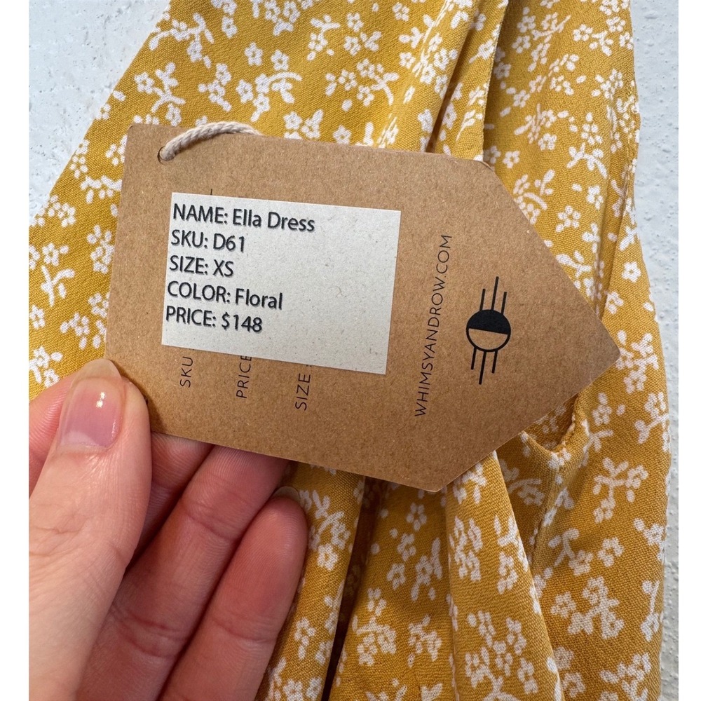 NWT Whimsy + Row Ella Dress Mustard Yellow Floral V-Neck Cutout Back Midi XS - Picture 7 of 12